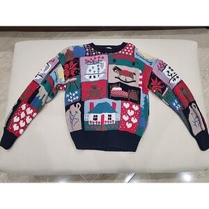 Vtg Orvis Grannycore patchwork Sweater with House Rocking Horse Women's Size S